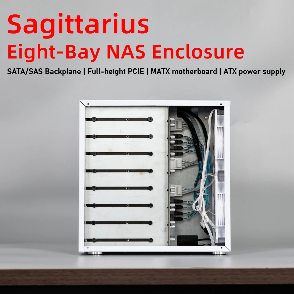 VBNM Sagittarius 8-Bay NAS-Computergehäuse mit ATX-Netzteil, MATX-Motherboard, PCIE in voller Höhe, 21,8 l Image
