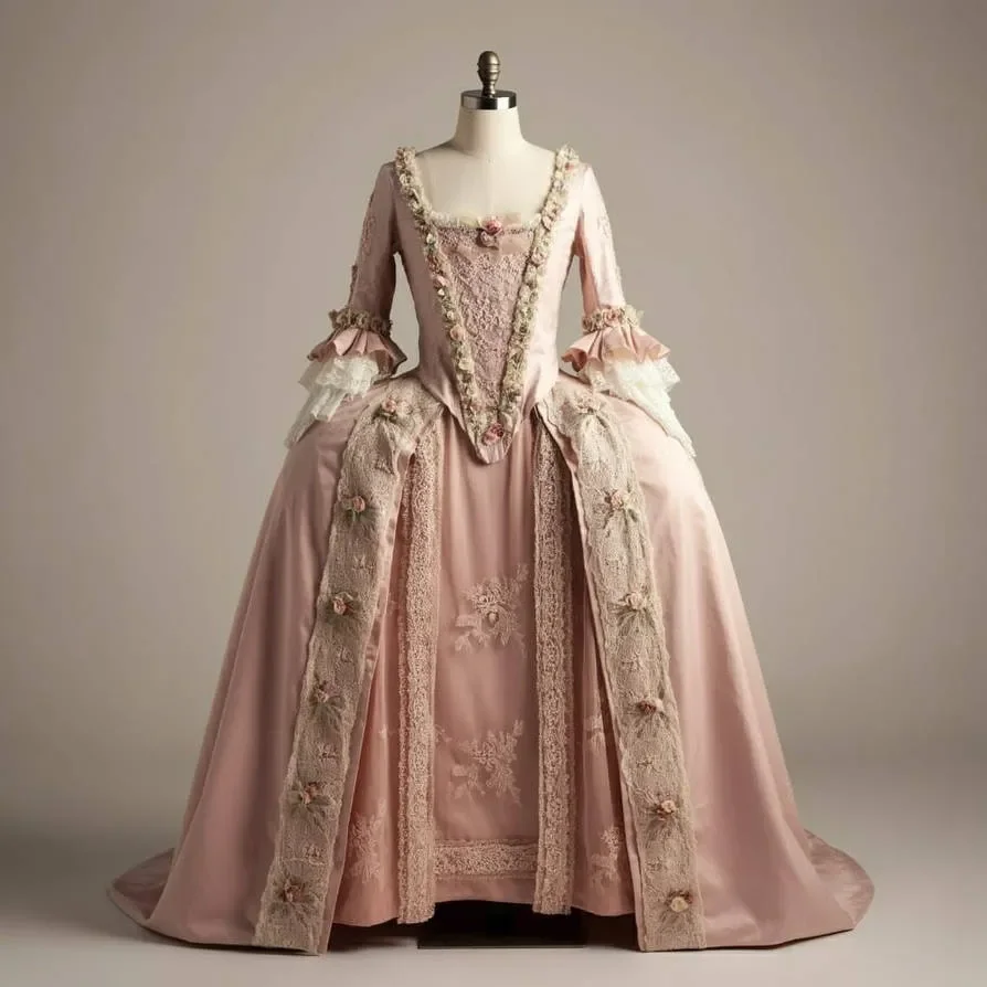 Abiti da ballo rosa rococò storico anni '1770 con applicazioni in pizzo Abito da ballo rococò floreale Abito da regina francese Maria Antonietta