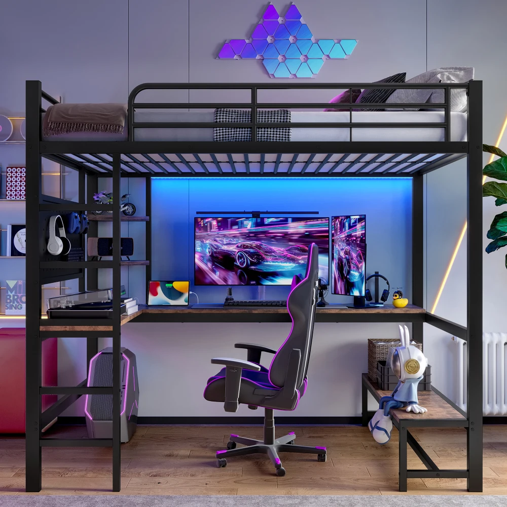 90 x 200 cm großes Hochbett, Eisenrahmen, Schreibtisch, Geländer, Rolltreppe, mit USB+Typ-C-Buchse und LED-Leiste, mit perforiertem Brett, ohne Matratze