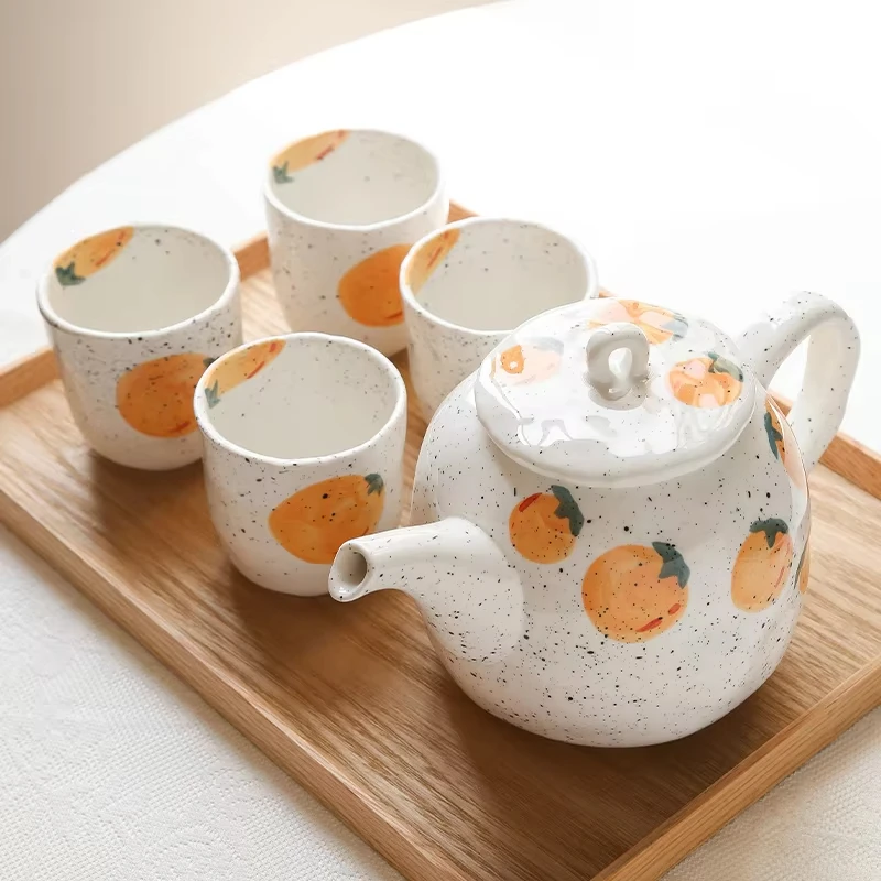 Large Capacity Japanese Style Hand-painted Ceramic Kettle Cute Fruit Pattern Flower Teapot Tea Set for Household Water Cup