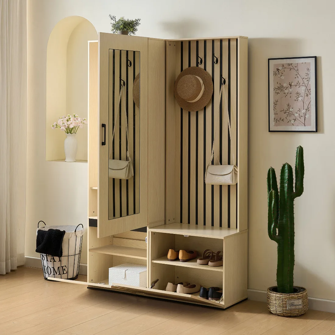 Kombinierter Kleiderschrank mit Spiegel und Bank. Modernes Flurmöbel-Set mit ausziehbarem Kleiderstange, 4 Haken und gepolsterter Bank