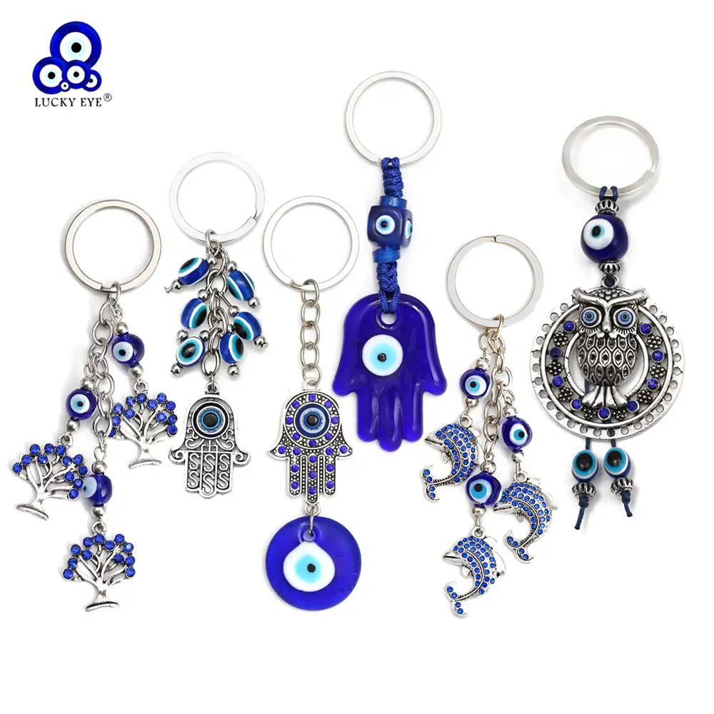 Lucky Eye Schmetterling Eule Elefant Hamsa Hand Anhänger Schlüsselanhänger Blauer türkischer böser Blick Schlüsselanhänger Halter Auto Schlüsselanhänger für Frauen Männer Image