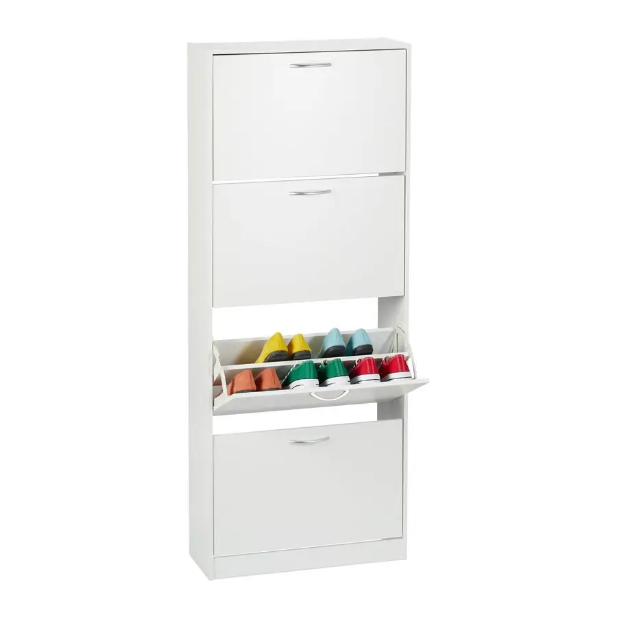 Schuhschrank, H x B x T 152 x 60 x 24 cm, für 24 Paare, 4 Klappen, schmaler Schuhschrank, Flur-Schuhschrank, weiß