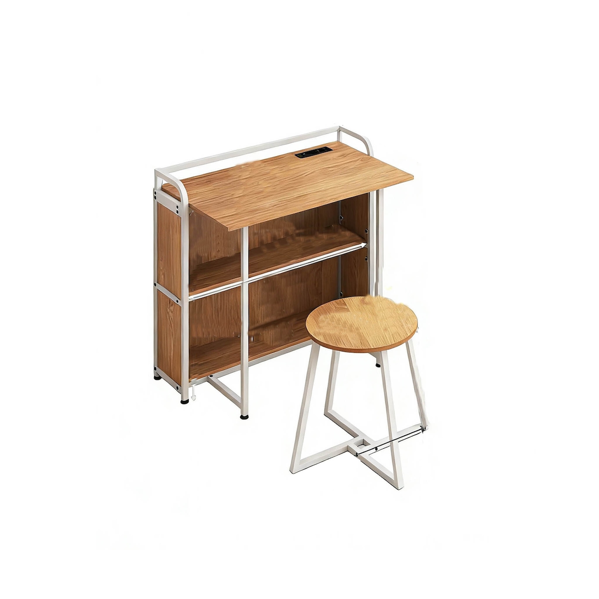 COSTWAY Klapptisch mit Steckdose, Klapptisch mit Hocker, Computertisch mit Regalen und Metallgestell, platzsparender Bürotisch Image