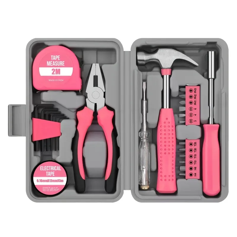 Ensemble d'outils rose 23 + 1 pièces, outils à main en métal dans une boîte à outils de grange classique, Kit de réparation à domicile, Kit d'outils Durable pour dames