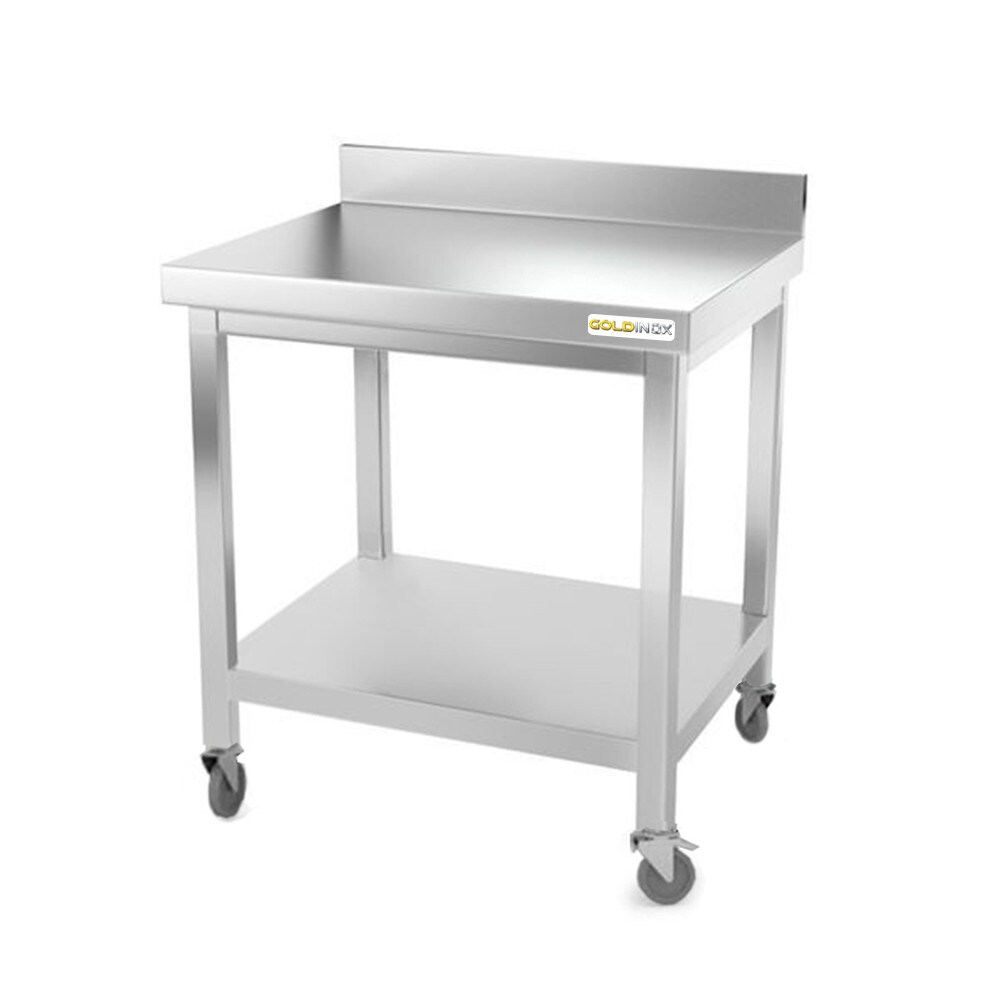 Arbeitstisch aus Edelstahl 800 x 600 mm auf PREMIUM-Rollen. GOLDINOX Image