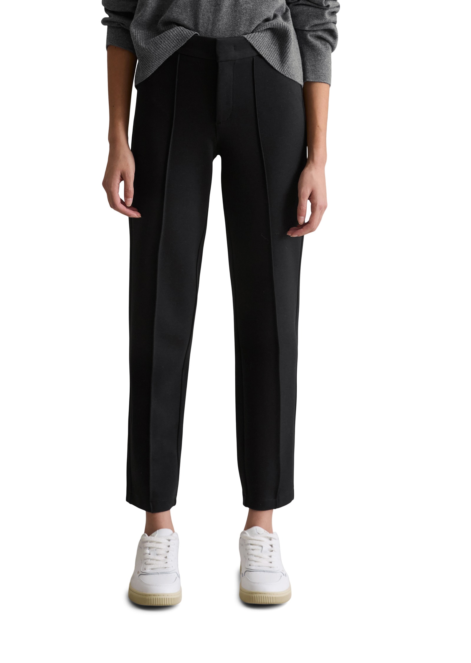 Chinohose MARC O'POLO DENIM "aus kompakter Interlock-Qualität", Damen, Gr. XXS, Normalgrößen, schwarz, Obermaterial: 74% Viskose, 21% Polyamid, 5% Elasthan, unifarben, slim fit kurz, Hosen Chinohose