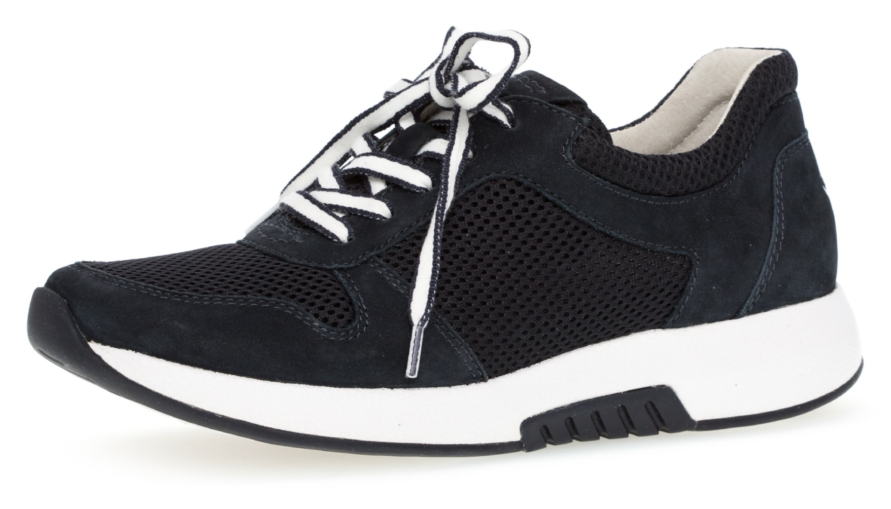 Keilsneaker GABOR ROLLINGSOFT, Damen, Gr. 44, blau (nachtblau), Nubukleder, Textil, Schuhe Sneaker, Freizeitschuh, Halbschuh, Schnürschuh mit Logo an der Ferse
