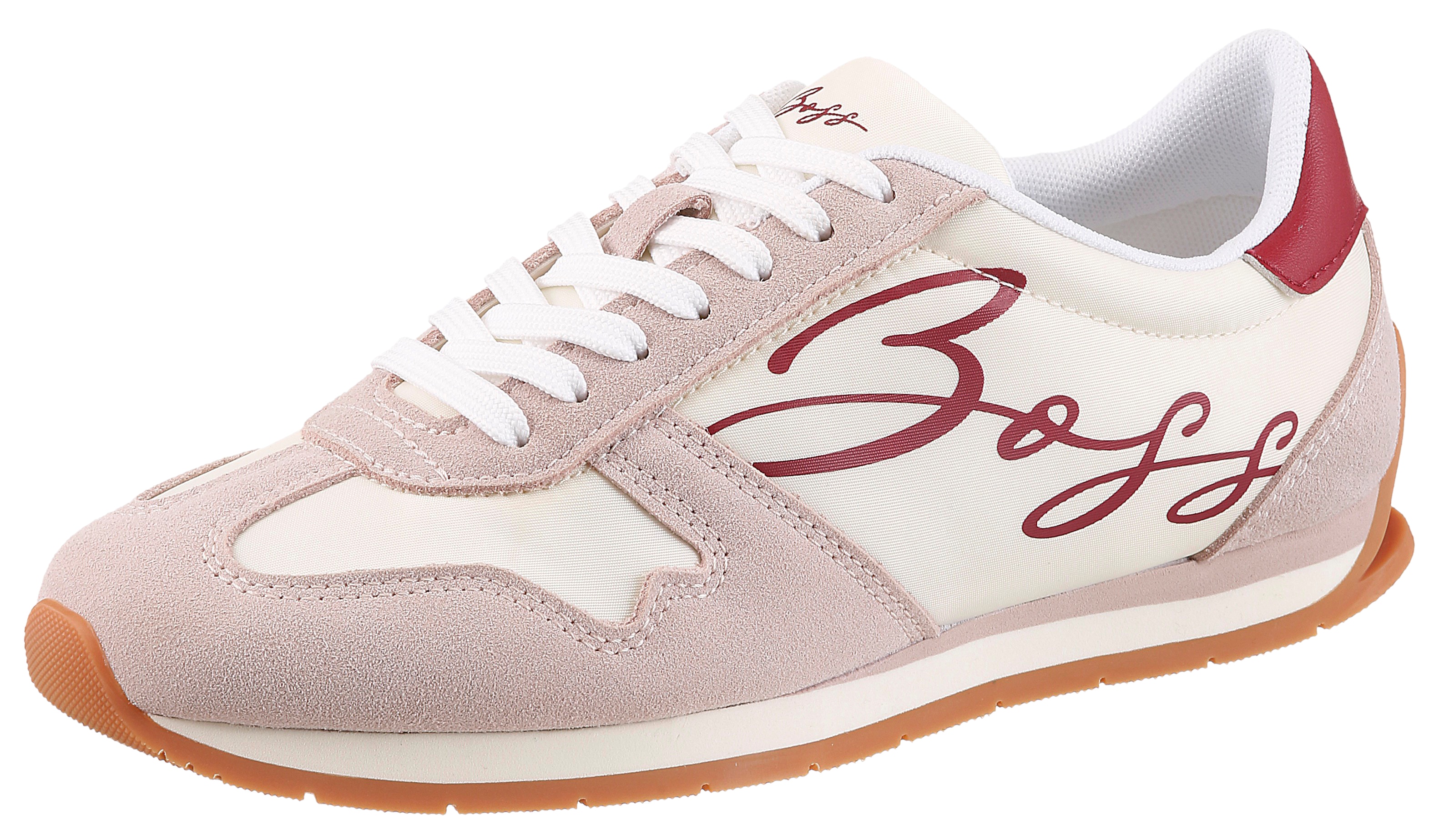 Sneaker BOSS ORANGE "Levon Runn", Damen, Gr. 39, weiß, natur, bordeaux, Lederimitat, Textil, Schuhe Sneaker, Freizeitschuh, Halbschuh, Schnürschuh mit leichter Laufsohle