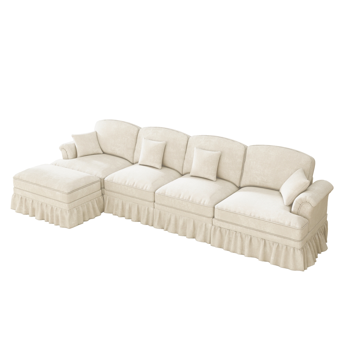 MODFU Modulares L-förmiges Sofa 4-Sitzer Chenille 350x140x93 cm in Weiß mit abnehmbaren Rüschenfaltenrock und beweglichem Hocker Image