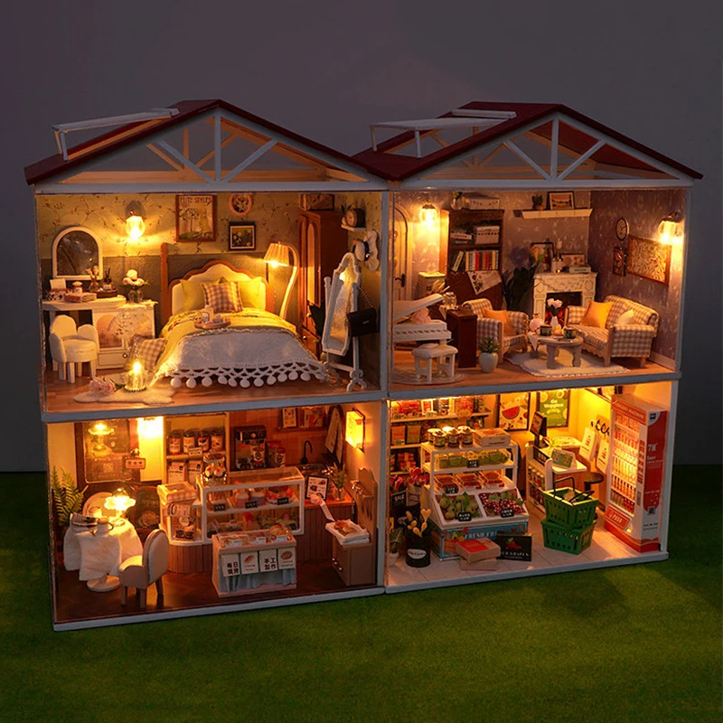 DIY Holz Mini Casa Schlafzimmer Buchhandlung Miniatur Modellbausätze mit LED-Leuchten Puppenhaus mit Möbeln für Freunde Geburtstagsgeschenke