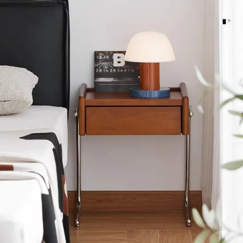 Moderner Vintage-Nachttisch aus massivem Holz – minimalistischer schwebender Beistelltisch aus Edelstahl für Schlafzimmer und Wohnzimmer Image