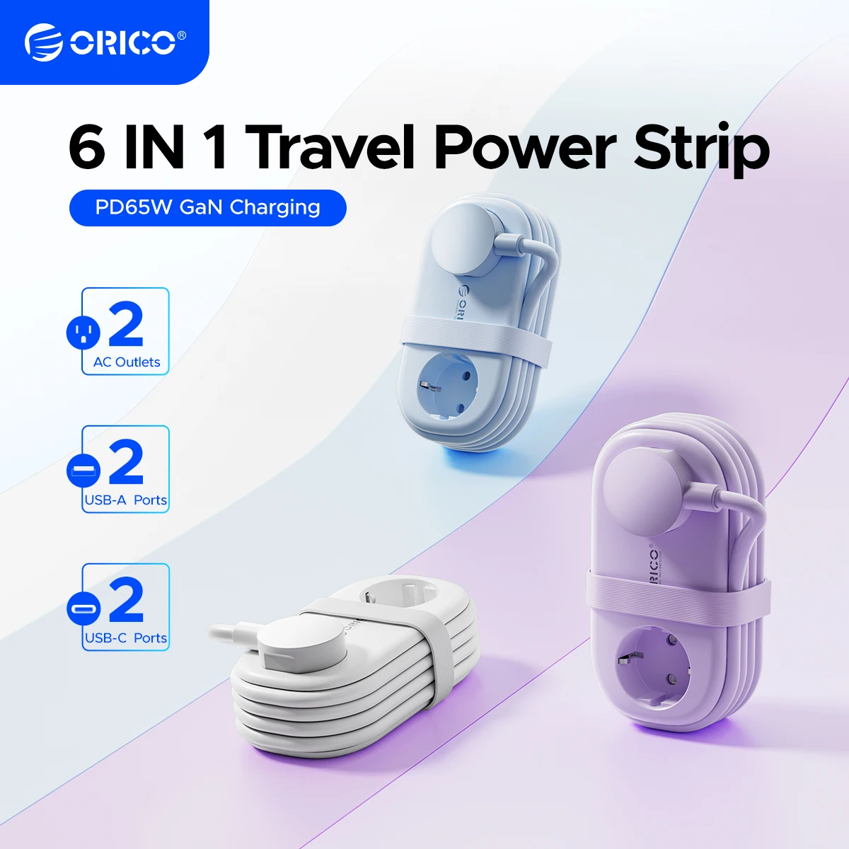 ORICO – multiprise de voyage Portable 65W GaN, Station de charge rapide avec 2 prises ca, 2 USB 2 type-c, adaptateur de prise ue pour la maison