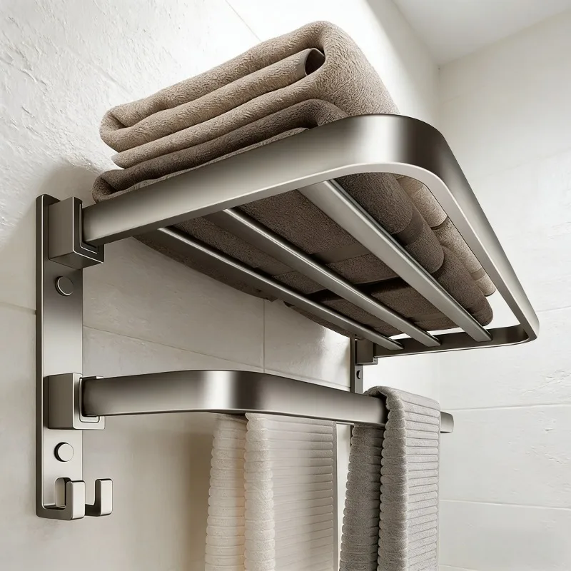 Porte-serviettes gris pistolet, porte-serviettes pliable, salle de bain Non perforée, support de rangement pour salle de bain, pendentif mural pour salle de bain