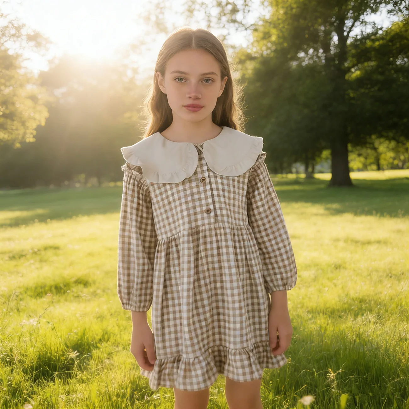 Frühling Herbst Mädchen Kleidung Nette Kinder Kleider Kinder Baby Mädchen Plaid Baumwolle Leinen Revers Kragen Kleid Langarm Rock Image