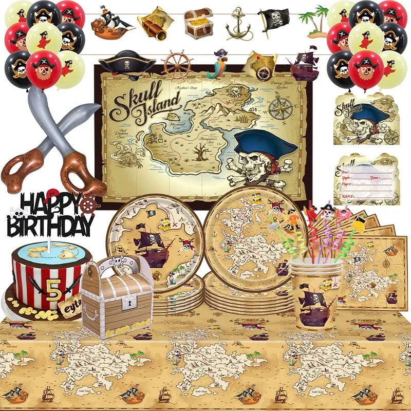 Decorazione di compleanno pirata Stoviglie Tazze Piatti Set di palloncini Sfondo Banner Cannucce Scatola di caramelle Topper per torte per forniture per feste per bambini