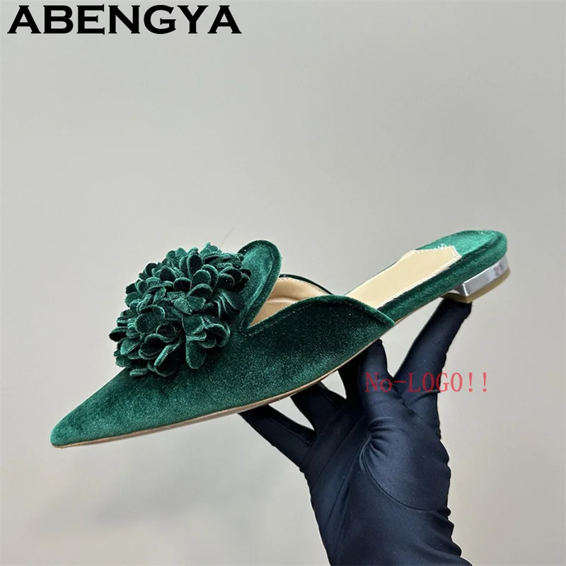 ABENGYA Samt Spitze Zehen Flache Hausschuhe Frauen Hairball Dekoration Flach Mund Maultiere Schuhe Frau Sommer Sexy Party Schuhe Mujer