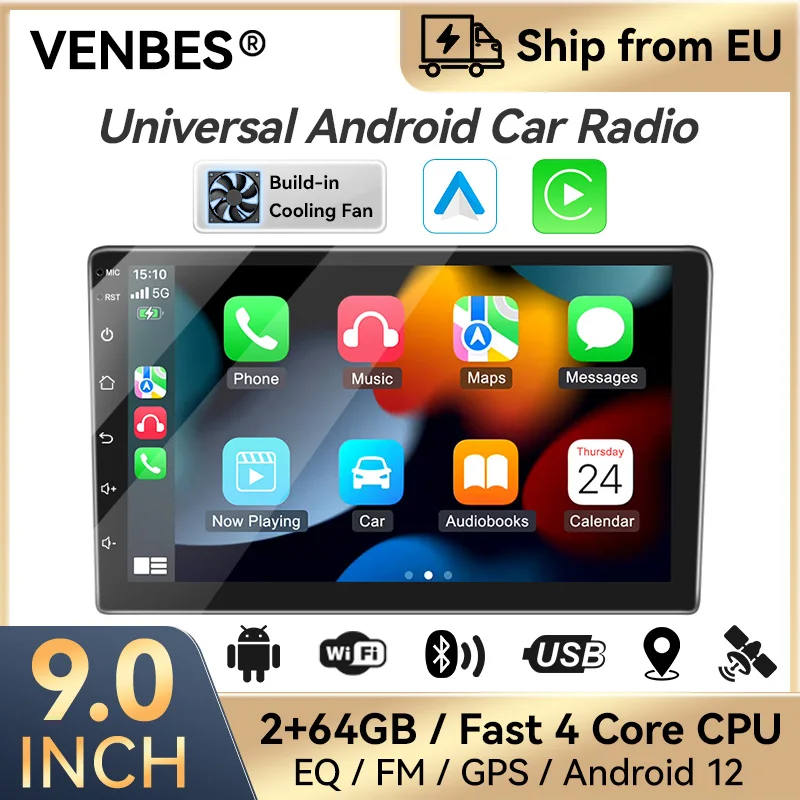 VENBES 9" Android System Autoradio 2 DIN Carplay Android Auto mit Google Play Market WIFI 2+64GB Integriertes Kühlsystem Image