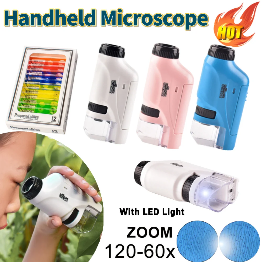 Handheld Mikroskop Kit Labor LED Licht 60X-120X Labor Mini Handheld Pädagogisches Mikroskop Mit LED-Licht Kinder Kinder Wissenschaft Image