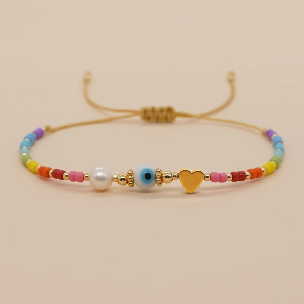 Go2boho Evil Eye vergoldetes Charm-Perlenarmband für Damen, Pulsera-Schmuck, handgefertigte Schnur, Boho, bunte Miyuki-Perlen-Armbänder Image