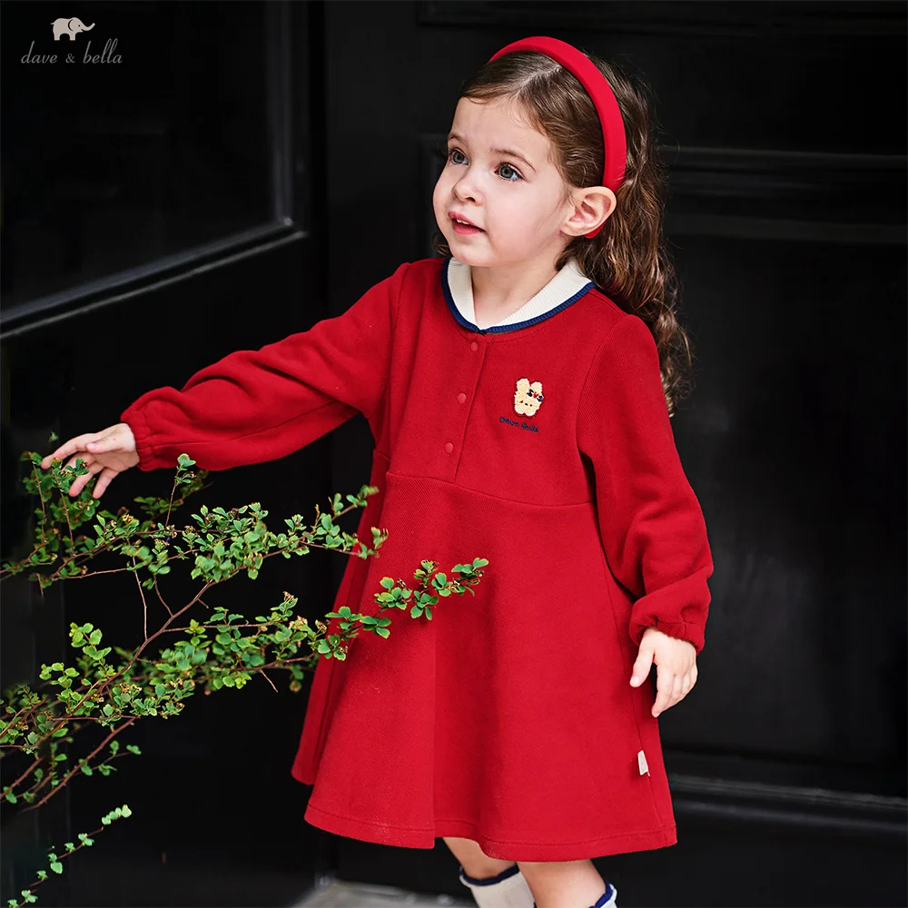 Dave Bella Mädchen Baby Kleid Herbst Mode Lässig Süße Nette Kinder Rot Baumwolle Prinzessin Kleid Party Akademischen Stil DB3253371 Image