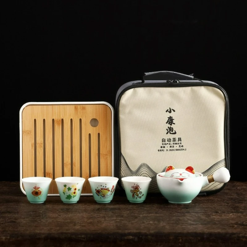 Creative Luck Cat Ceramic Chinese Kung Fu Tea Set Travel Teapot with Handle Cute Cat Pot Household Kung Fu Teapot Cup Set Gift