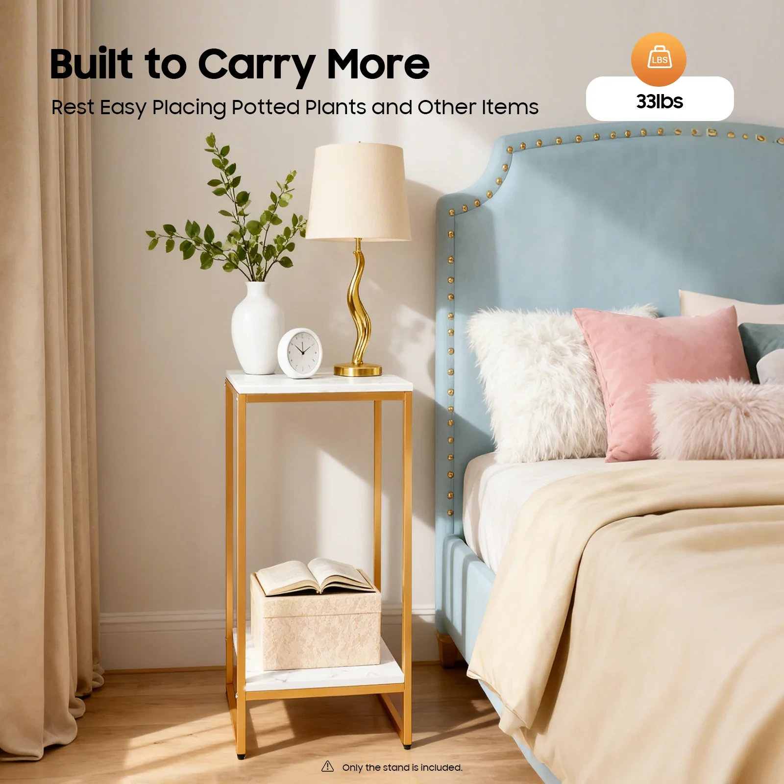 Blumenständer, 2 Stufen, Pflanzenständer, 75 cm hoch, Blumentopfständer aus goldenem Metall mit weißer Platte für Wohnzimmer, Schlafzimmer, Balkon