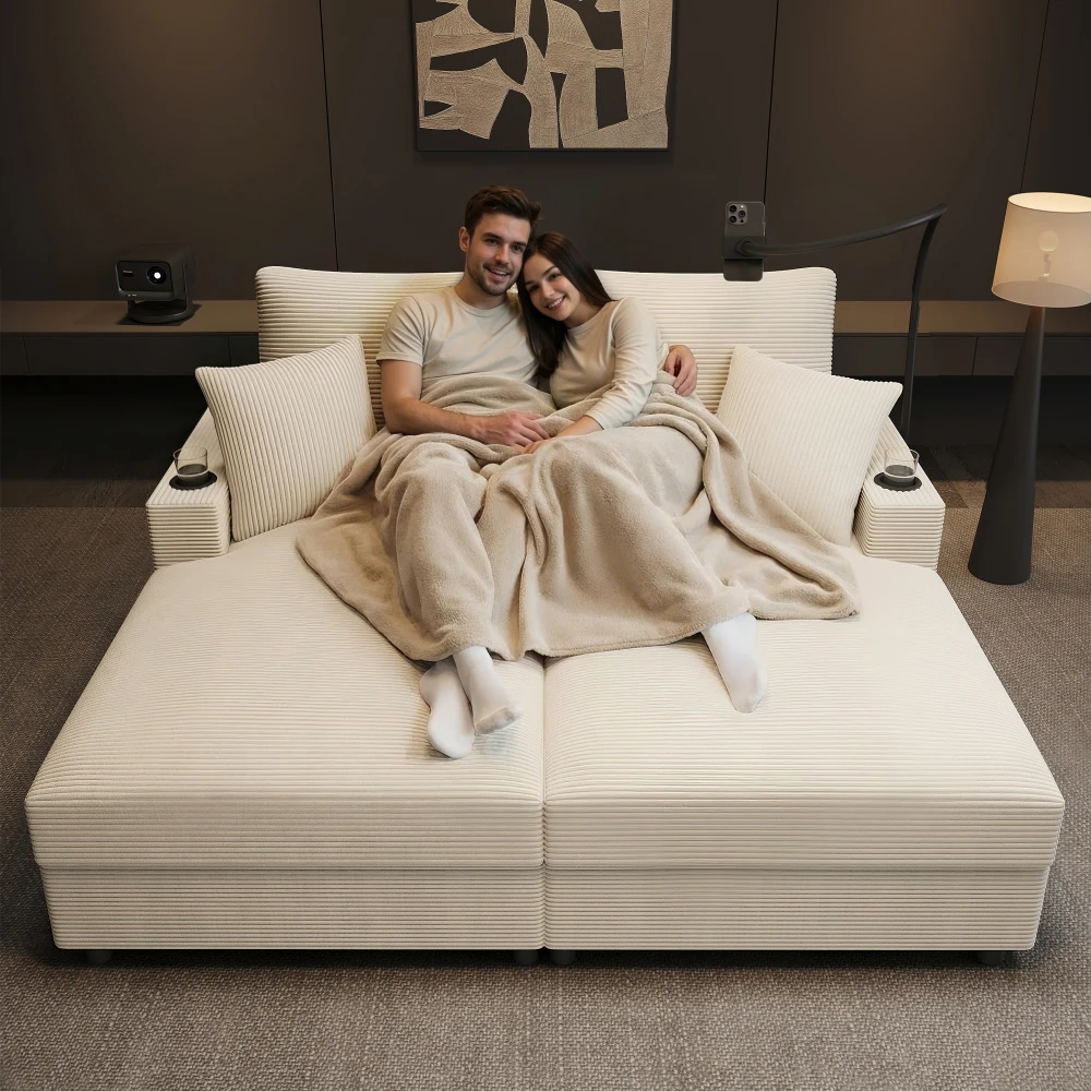 Doppelschlafsofa mit Schlaffunktion, gepolsterter Liegefunktion, Handyhalter, USB-Anschluss und Getränkehalter