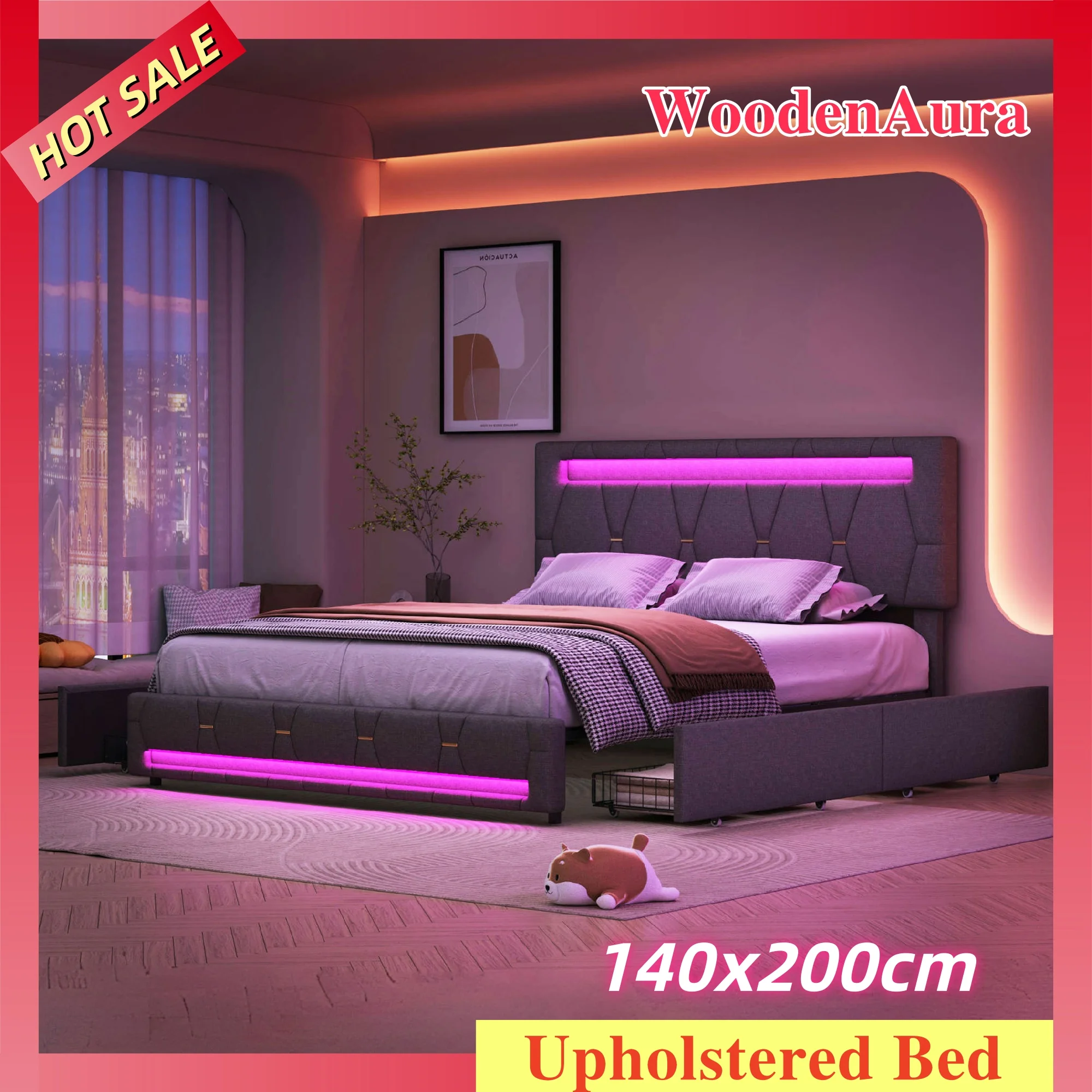 WOODENAURA Bett 140x200cm, Bett mit Stauraum, LED-Beleuchtung, Schubladen und Lattenrost, Leinengrau, Jugendbett/Gästebett