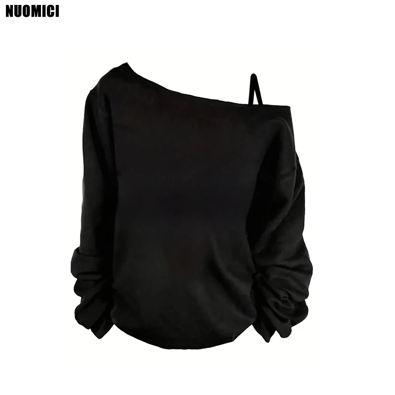 NUOMICI Casual Black Long-sleeve Knitwear T-shirt Women Winter Top Skew Collar Loose K-Fashion Popular Clothes Female Clothing
