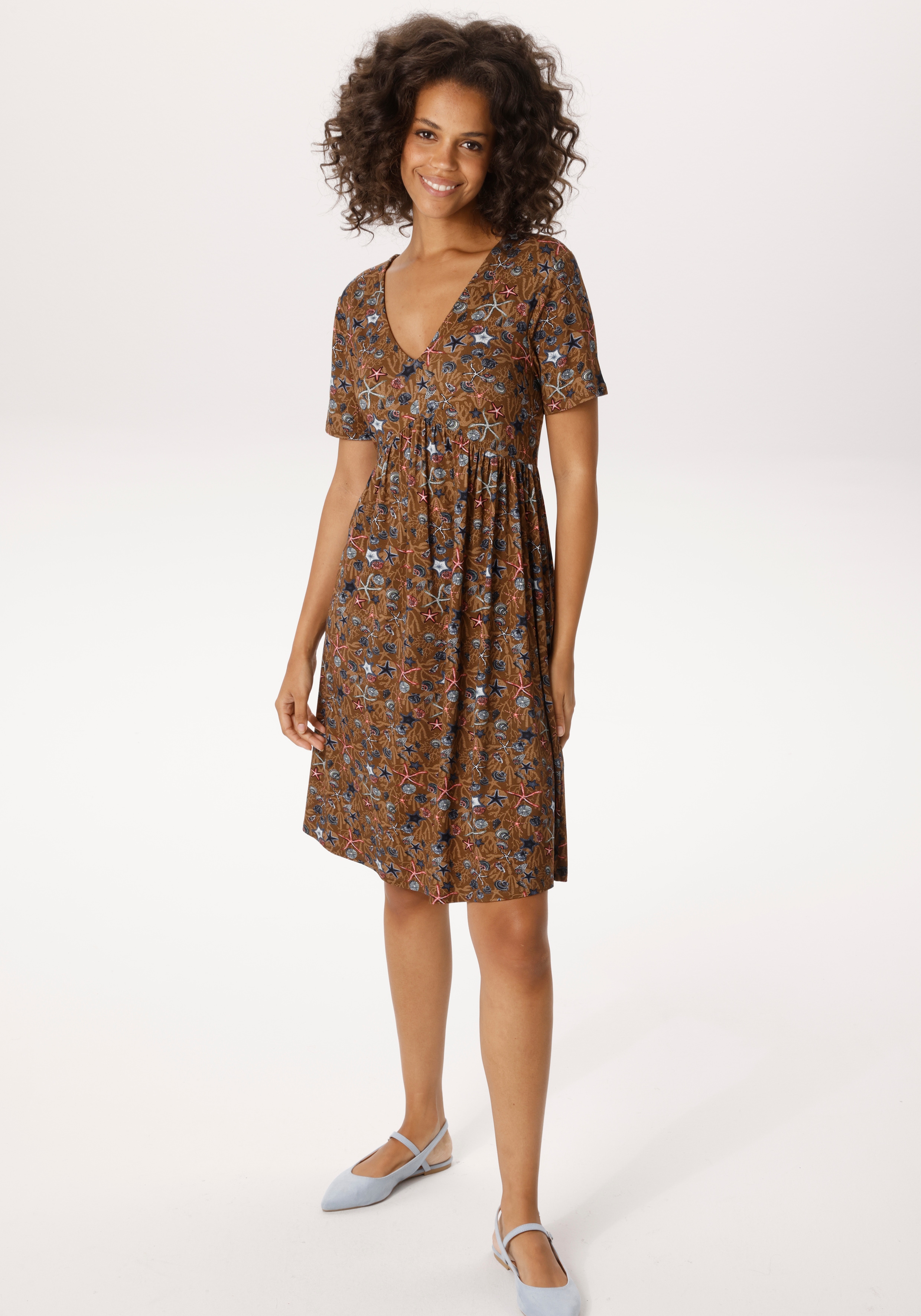 Sommerkleid ANISTON CASUAL, Damen, Gr. 44, N-Gr, braun (braun, hellbraun, anthrazit, graublau, grün, lachs, weiß), Single Jersey, Obermaterial: 95% Viskose, 5% Elasthan, bedruckt, figurumspielend kniefrei, V-Ausschnitt, Kleider Sommerkleid, mit...