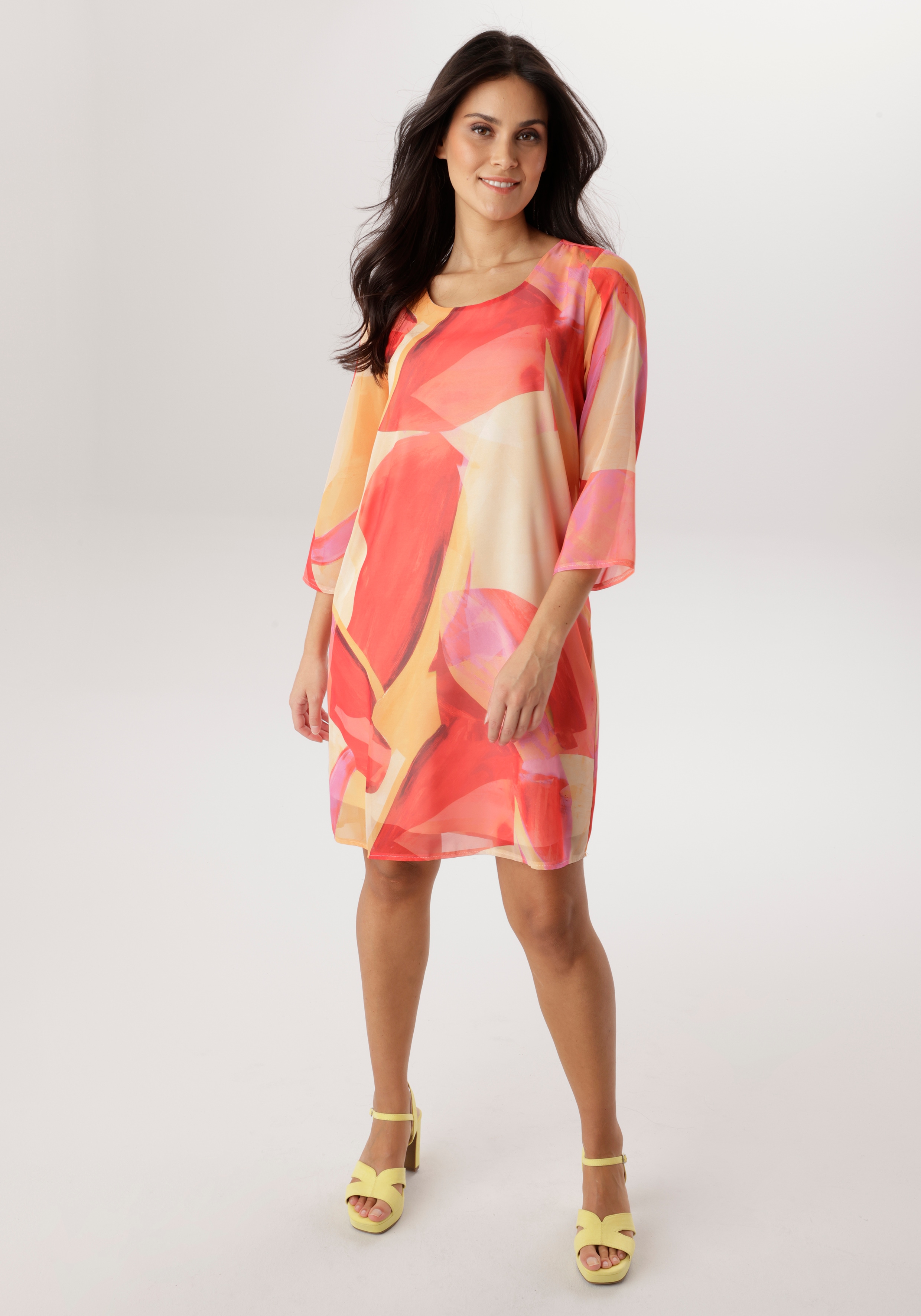 Chiffonkleid ANISTON SELECTED, Damen, Gr. 38, N-Gr, gelb, rot, orange, rosa, braun, sand, Chiffon, Obermaterial: 100% Polyester. Futter: 95% Viskose, 5% Elasthan, bedruckt, gemustert, figurumspielend kniefrei, Rundhals, Kleider Chiffonkleid, aus...