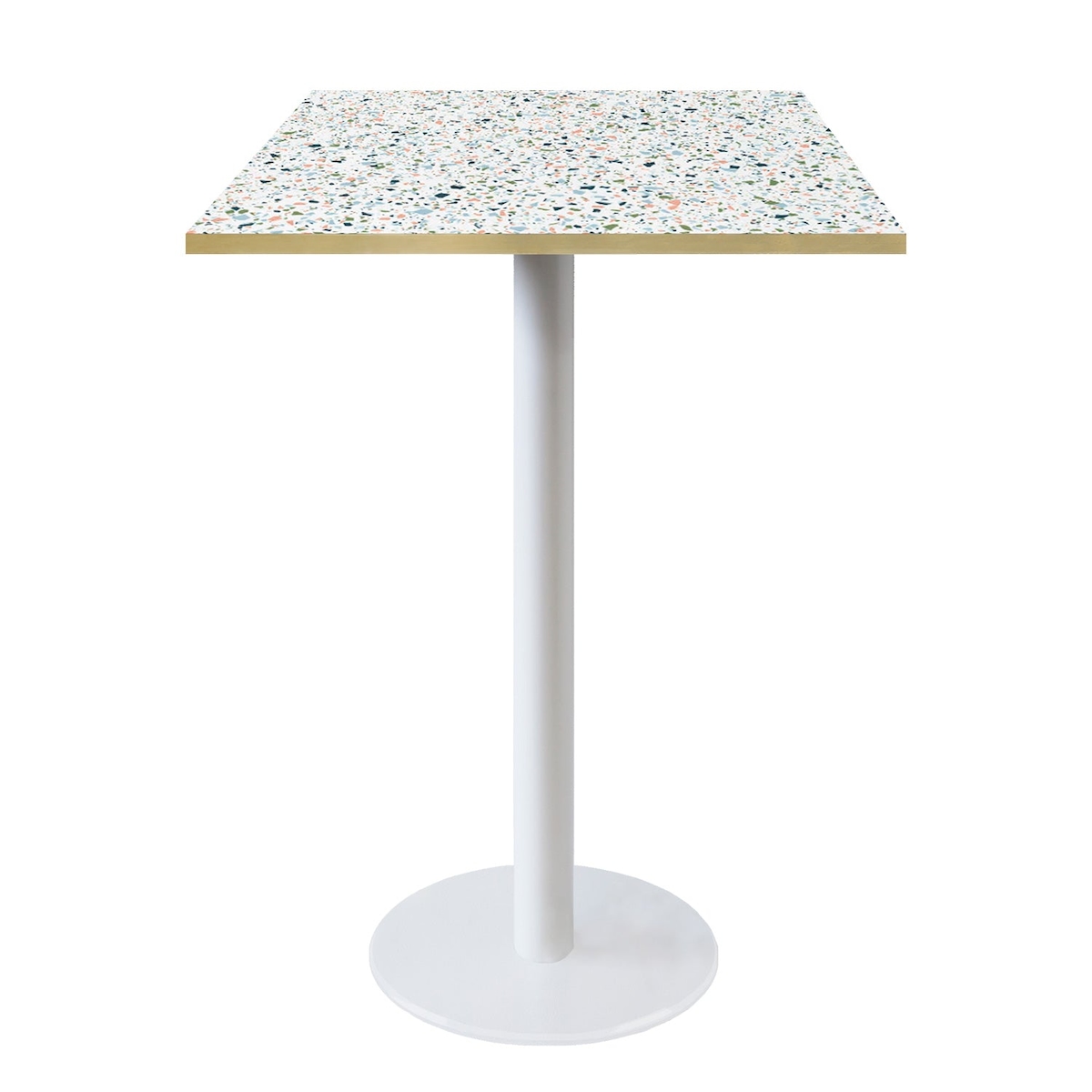 RestooTab - Stehtisch Rome weiß 60x60 Dekor Terrazzo spectra chip Kanten messingfarben Image