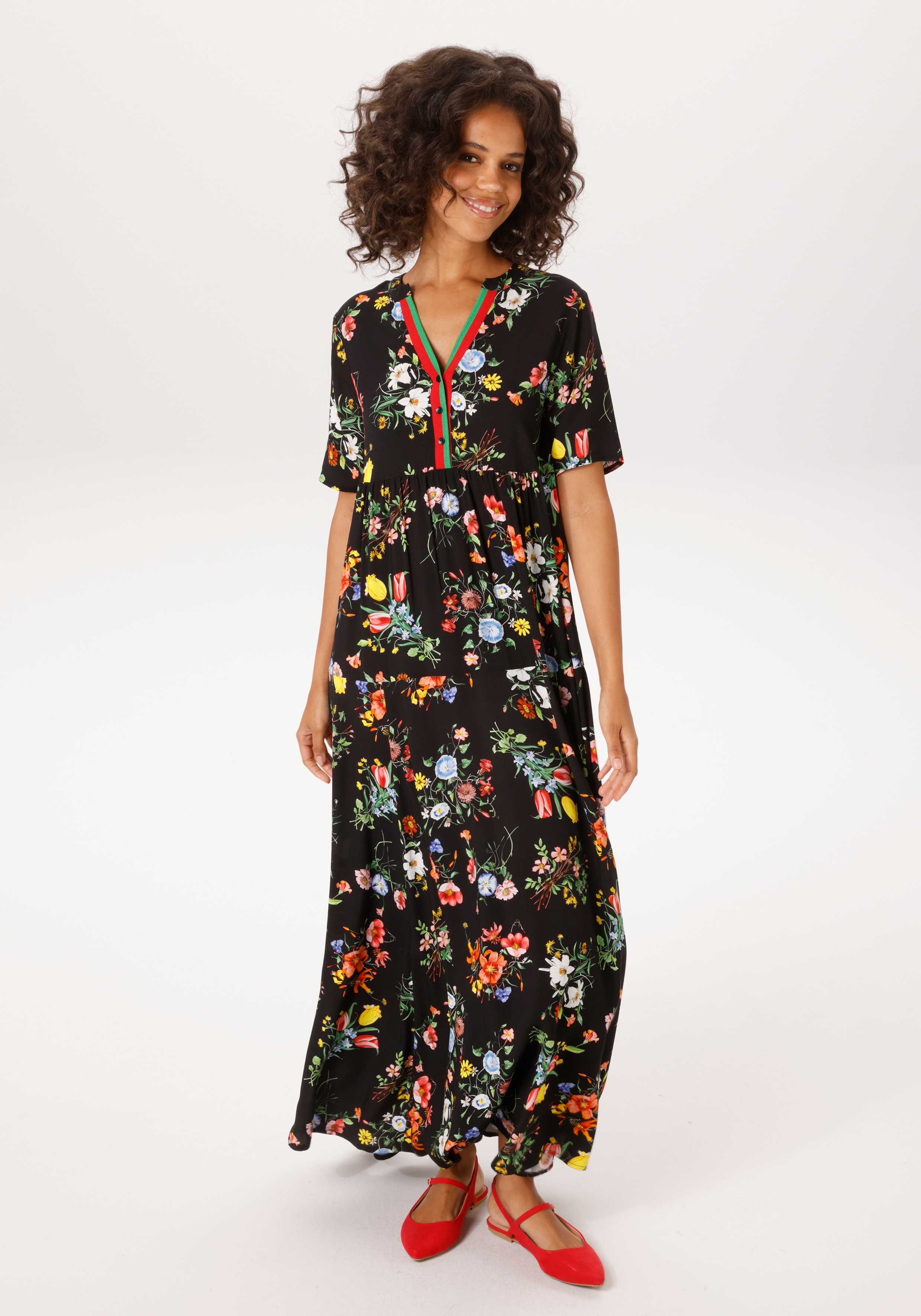 Sommerkleid ANISTON CASUAL, Damen, Gr. 42, N-Gr, schwarz, rotgrün, gelb, rosa, blau, orange, weiß, Web, Obermaterial: 100% Viskose, bedruckt, geblümt, gestreift, lässig geschnitten knöchellang, V-Ausschnitt, Kleider Sommerkleid, mit farbenfrohen...