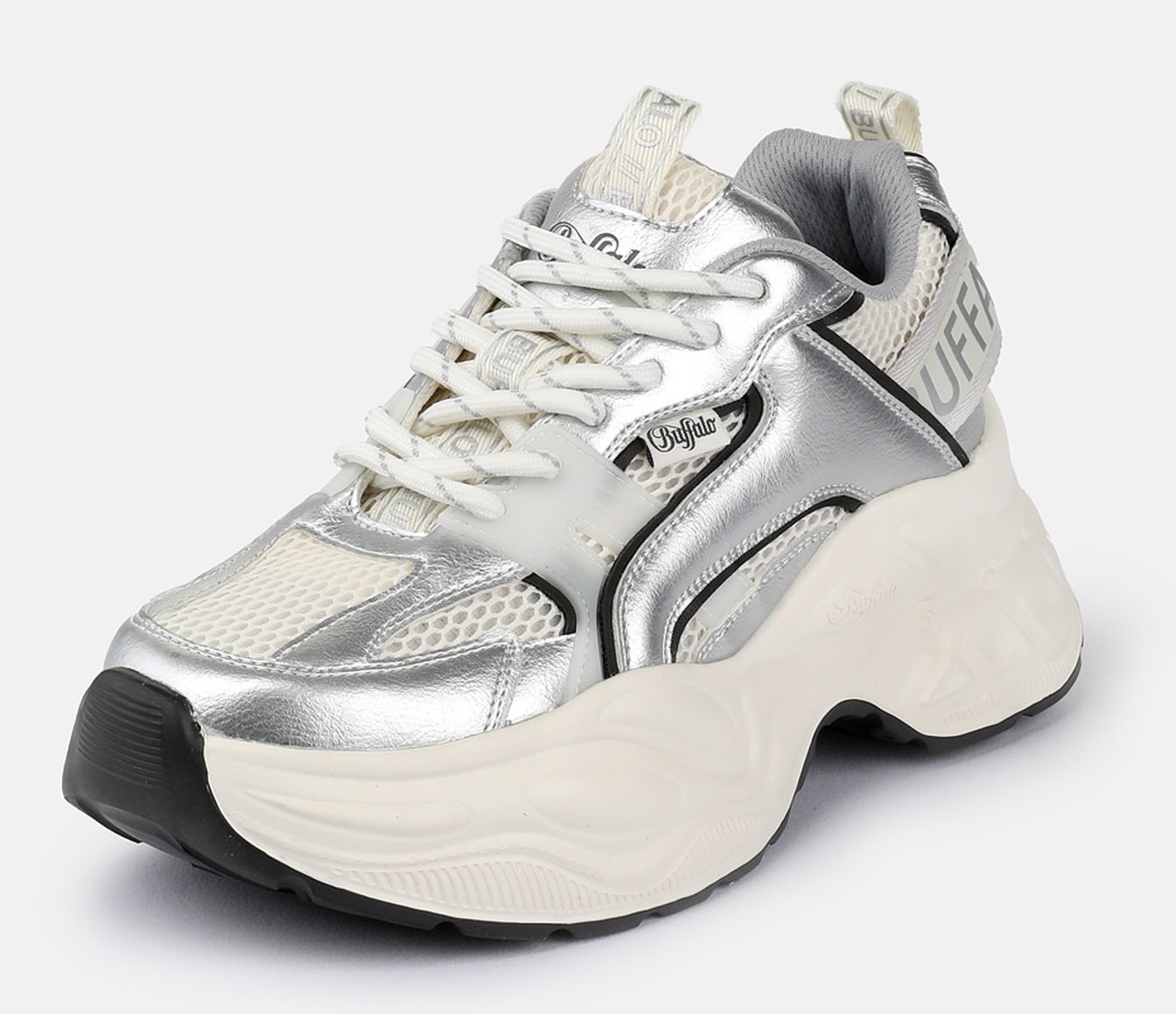 Plateausneaker BUFFALO "Yuno one", Damen, Gr. 38, weiß, schwarz, silberfarben, Lederimitat, Textil, metallic, Schuhe Plateausneaker, Halbschuh, Schnürschuh, Retro-Sneaker mit Memory Foam Innensohle