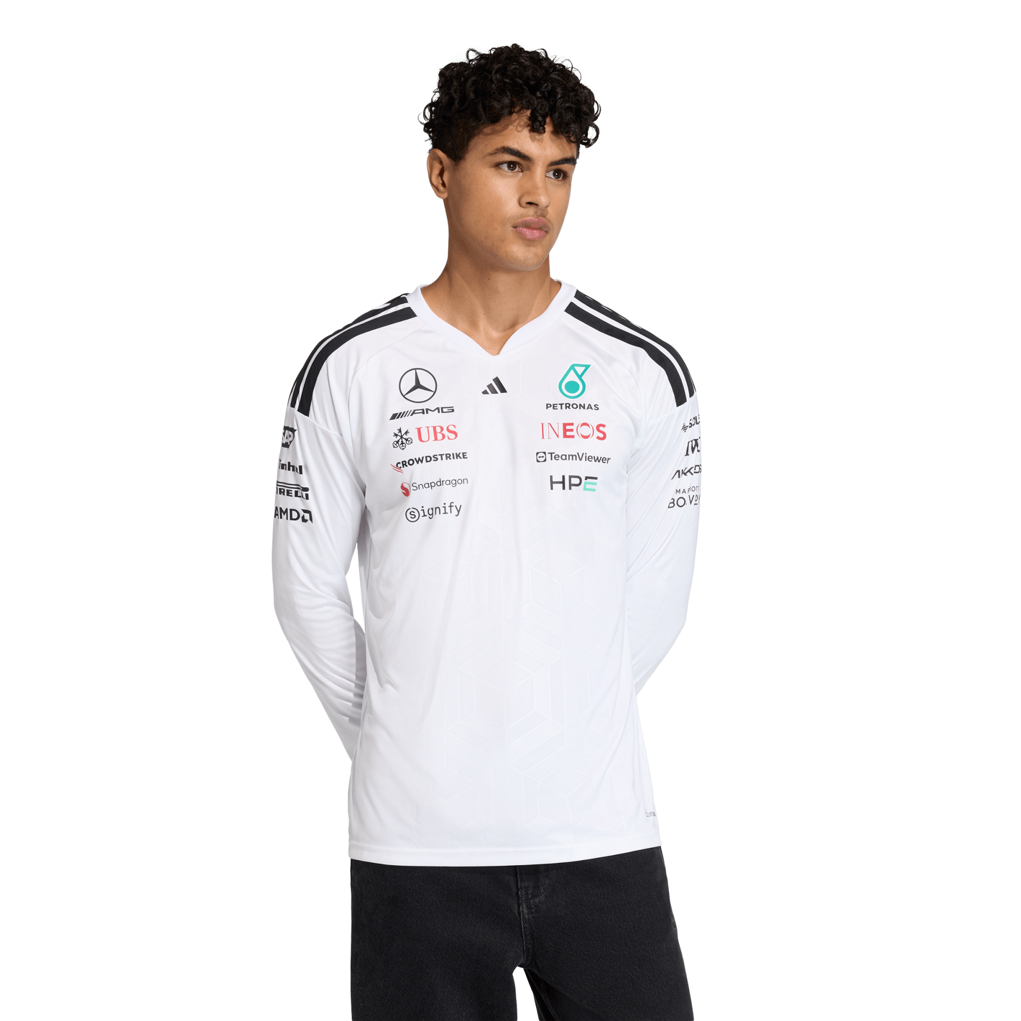 Mercedes AMG Petronas adidas F1 2026 Team-Langarm-Fahrer-T-Shirt – Weiß