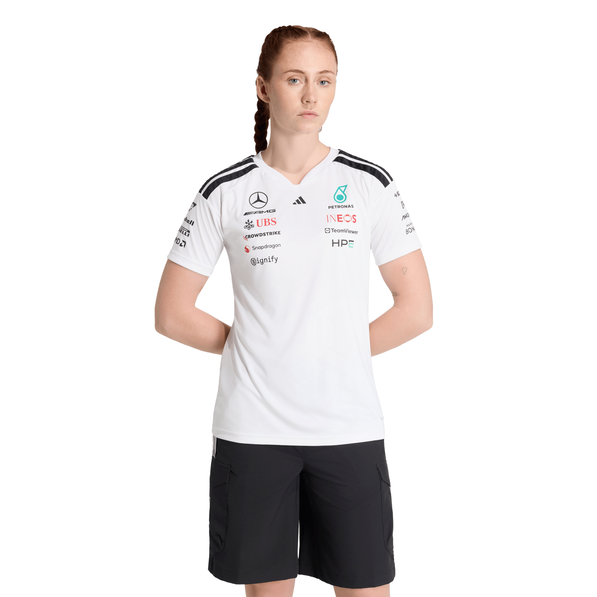 Mercedes AMG Petronas adidas F1 2026 Team-Fahrer-T-Shirt – Weiß – Damen