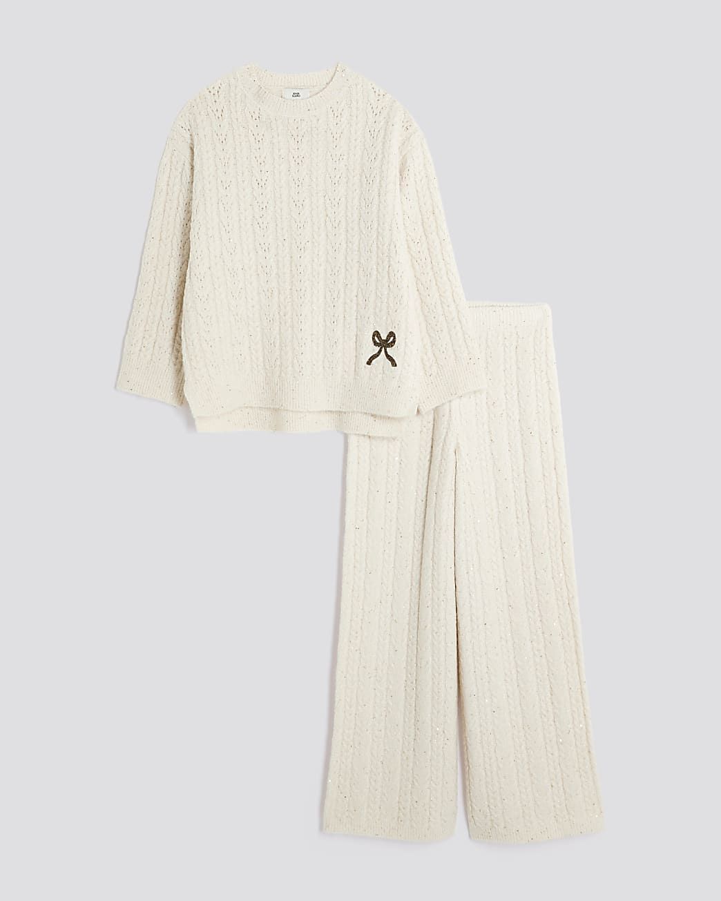 River Island Girls Jumper & Trousers Set Cream Cable Knitted Bow Wide Leg - Size 9-10Y | River Island Sale | Discount Designer Brands
