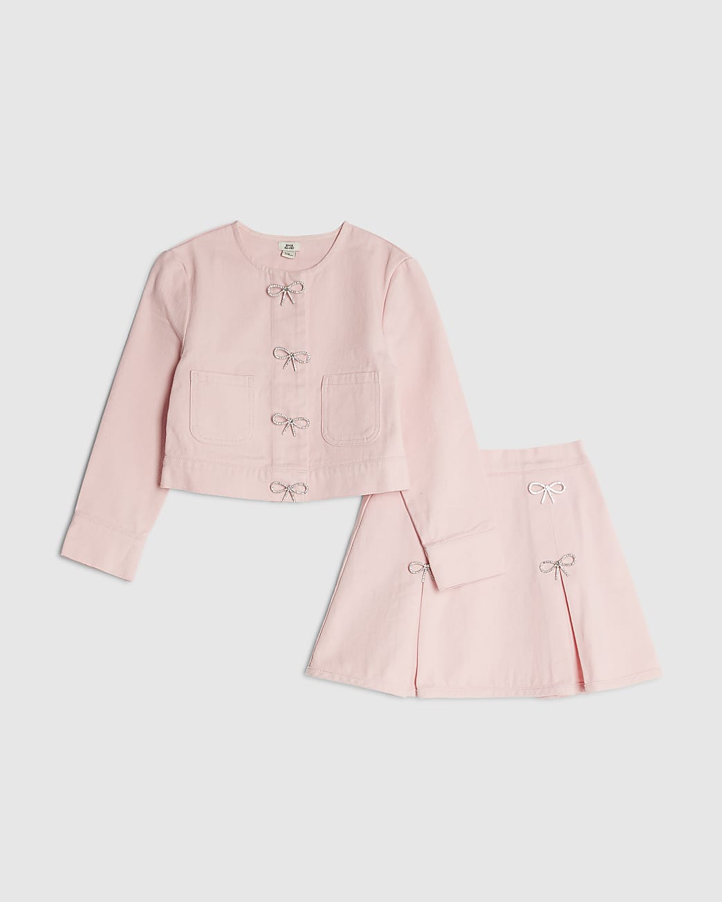 River Island Girls Jacket & Skirt Set Pink Denim Diamante Bow Cotton - Size 7-8Y | River Island Sale | Discount Designer Brands