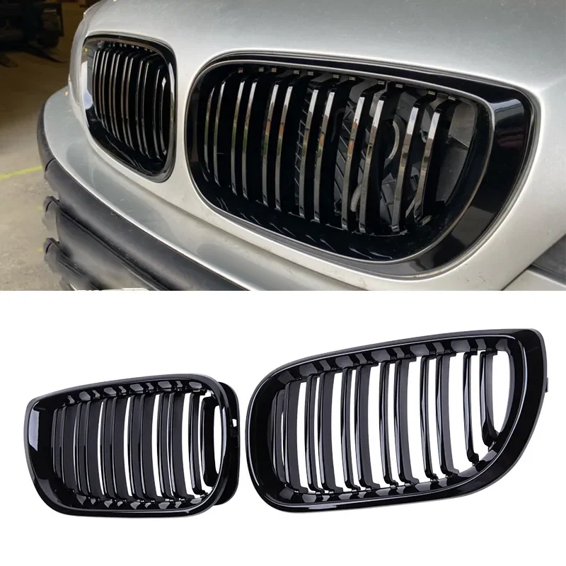 Griglia per rene anteriore per auto Griglia nera lucida Griglie da corsa per cofano a doppia stecca per BMW Serie 3 E46 4 porte 2002-2005 Sostituzione automatica