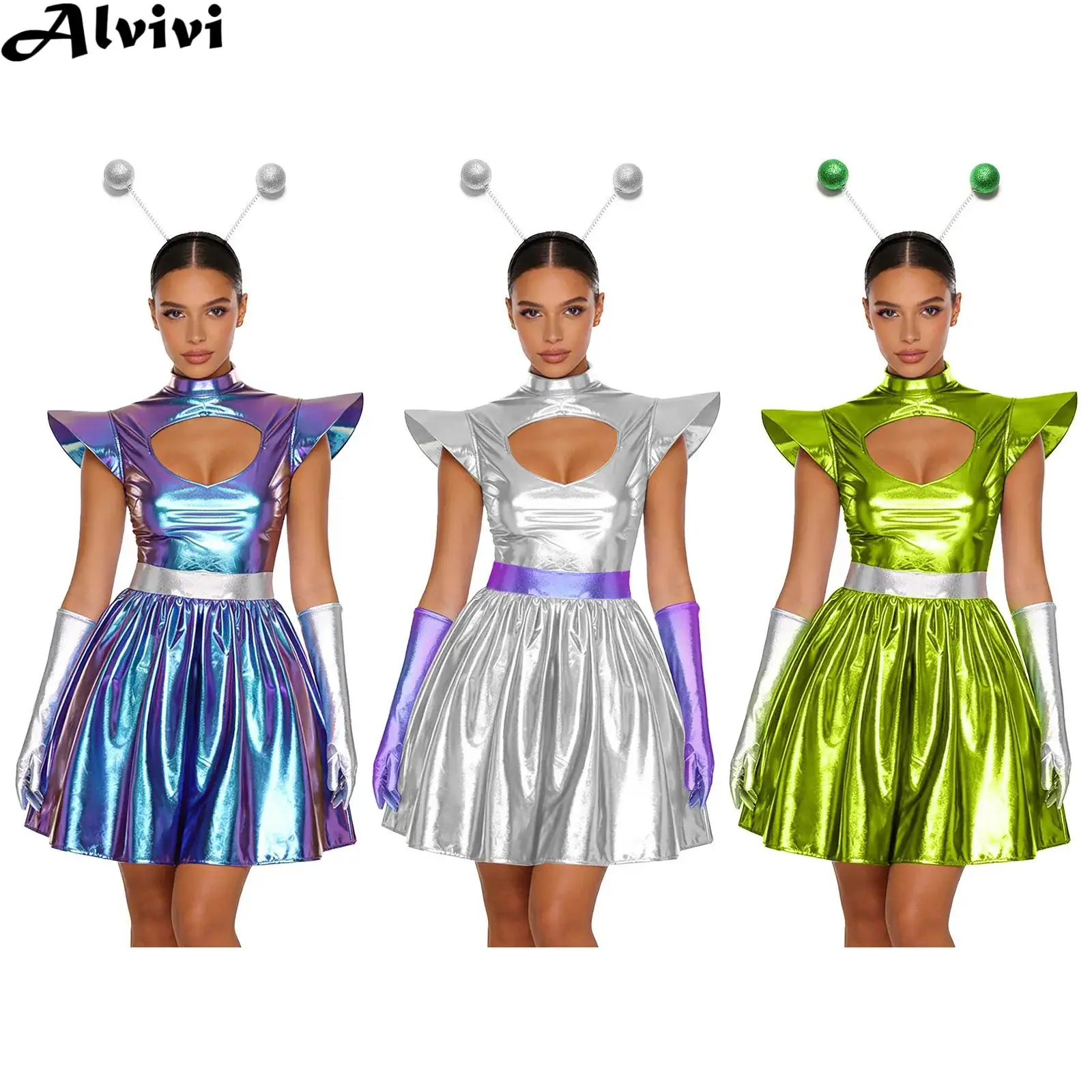 Metallisch glänzendes Weltraumkleid für Damen mit Haarschlaufenhandschuhen, Halloween-Alien-Astronauten-Roboter, Galaxie-Krieger, Cosplay-Kostüm Image
