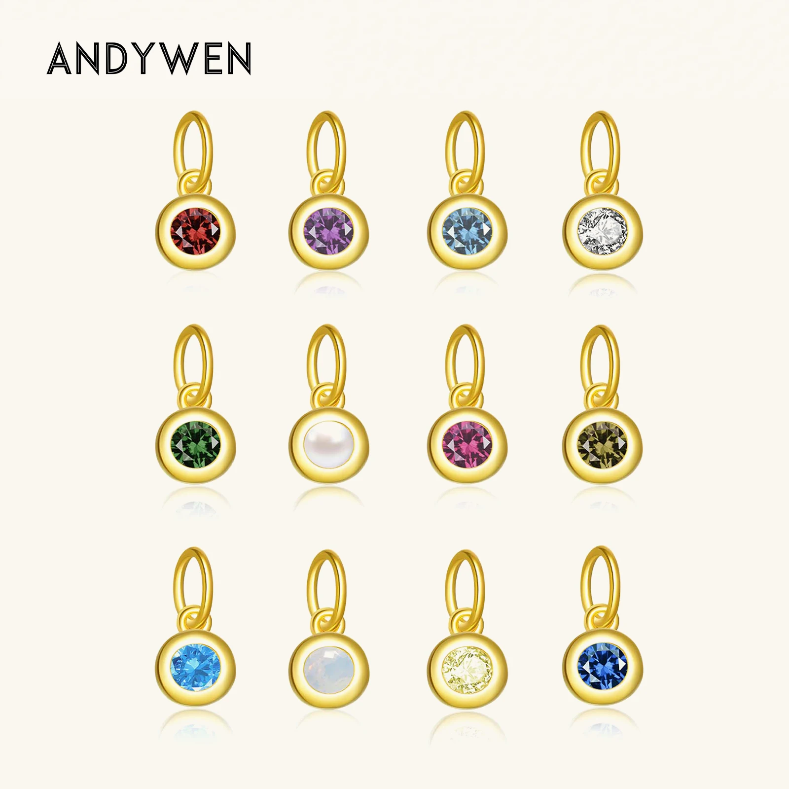 ANDYWEN 925 Sterling Silver 12 Mesi Birthstone Zircone CZ Ciondolo Fascino Per La Collana Del Braccialetto Fai Da Te Fare Girocollo Gioielli Delle Donne