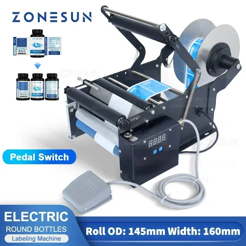 ZONESUN Halbautomatische Etikettiermaschine für runde Flaschen, Stempelspender, Zielpasters, Etikettenaufkleber, Flaschenetikettierer ZS-TB16P Image