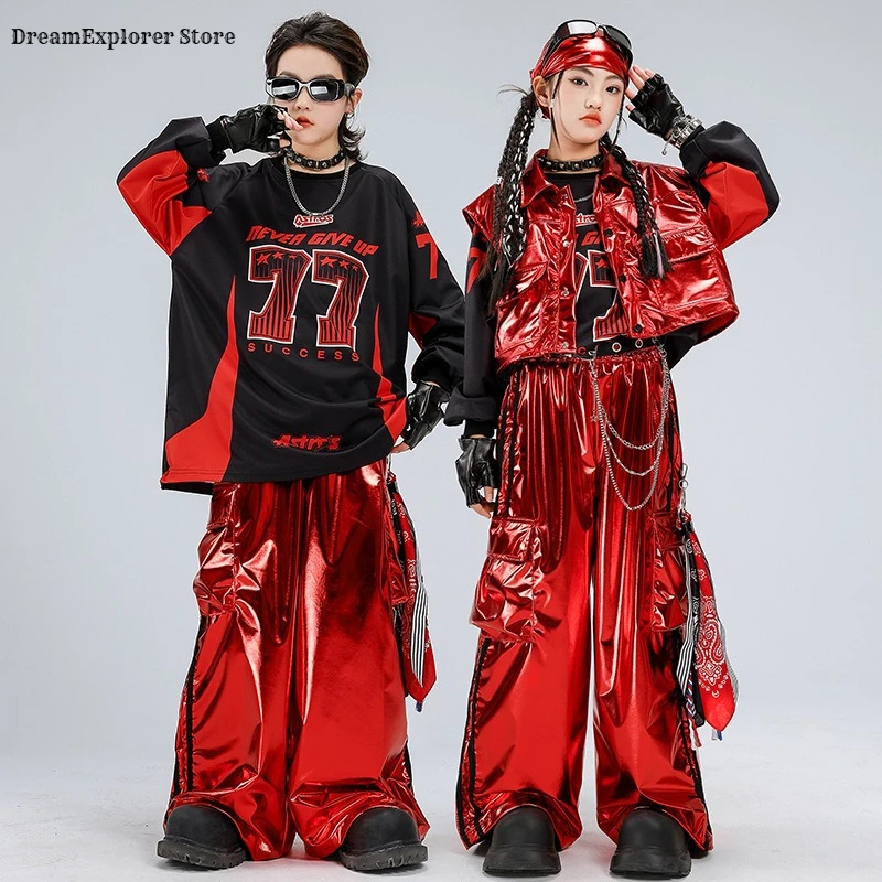 Jungen Hip Hop Sweatshirt Glänzende Weste Street Dance Cargo Hosen Mädchen K-pop Kleidung Set Kid Hip Hop Jazz Kostüm kinder Streetwear