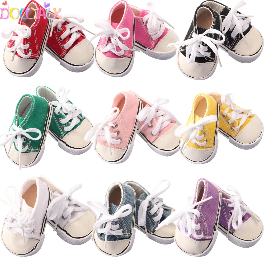 Scarpe da bambola in tela da 7 cm per bambola americana da 18 pollici 11 colori scarpe da bambola in stoffa stivali scarpe da ginnastica per bambola da ragazza appena nata e OG da 43 cm