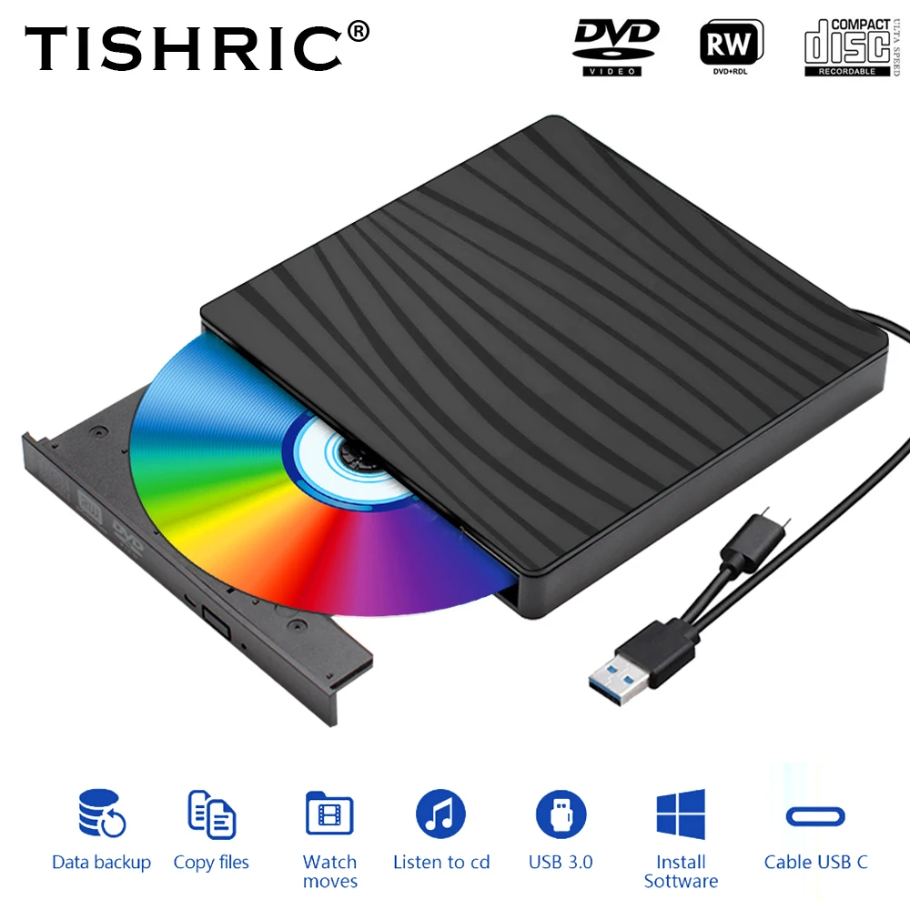 TISHRIC Typ C USB 3.0 Externer CD- und DVD-Player RW DVD CD-Brenner Laufwerk Brennerleser Externes DVD-CD-Laufwerk für Laptop-Desktop Image
