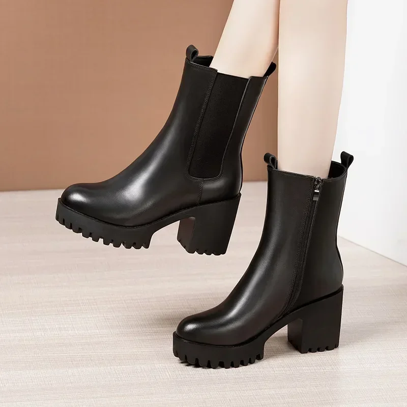 8 cm Kleine Größe 32-43 Elegante Block High Heels Schuhe Aus Echtem Leder Stiefel Winter 2024 Damen Dicken Boden plattform Schnee Stiefel