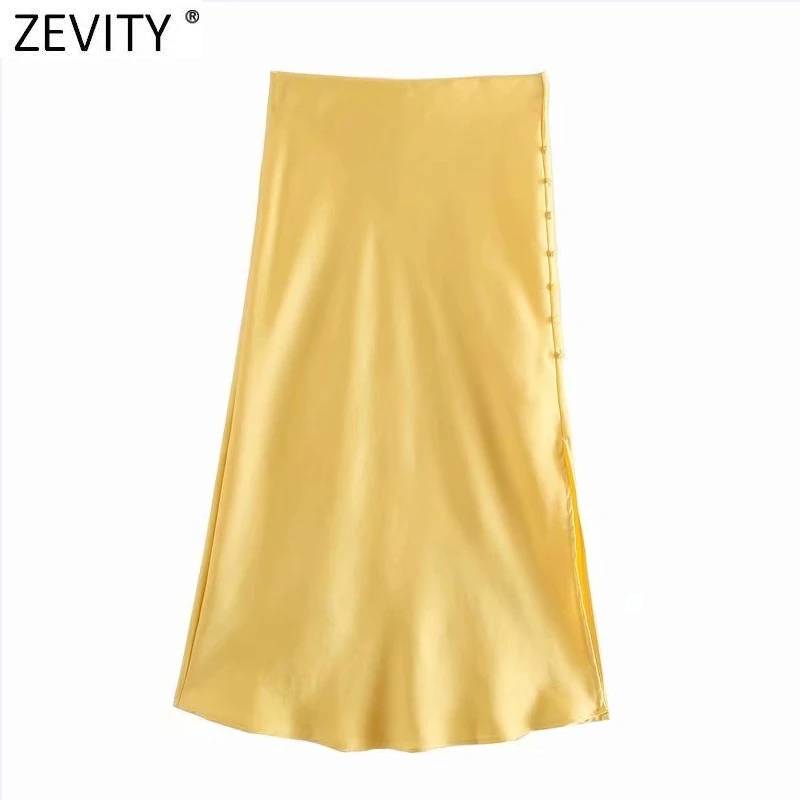 Zevity 2024 Elegante Frauen Französisch Stil Candy Farbe Split Satin EINE Linie Rock Faldas Mujer Weibliche Casual Sommer Midi Röcke QUN 810