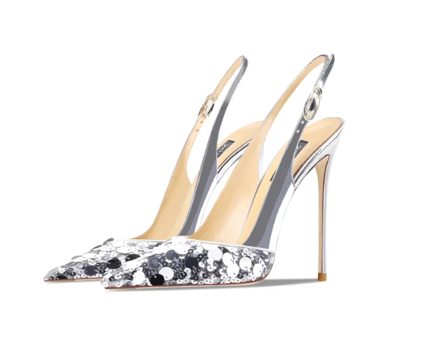 Women's New Silver Patent Leather Glitter High Heel Sandals, Pointed Toe, Flats, Office Wear, Versatile, Low Heel, Classic Style