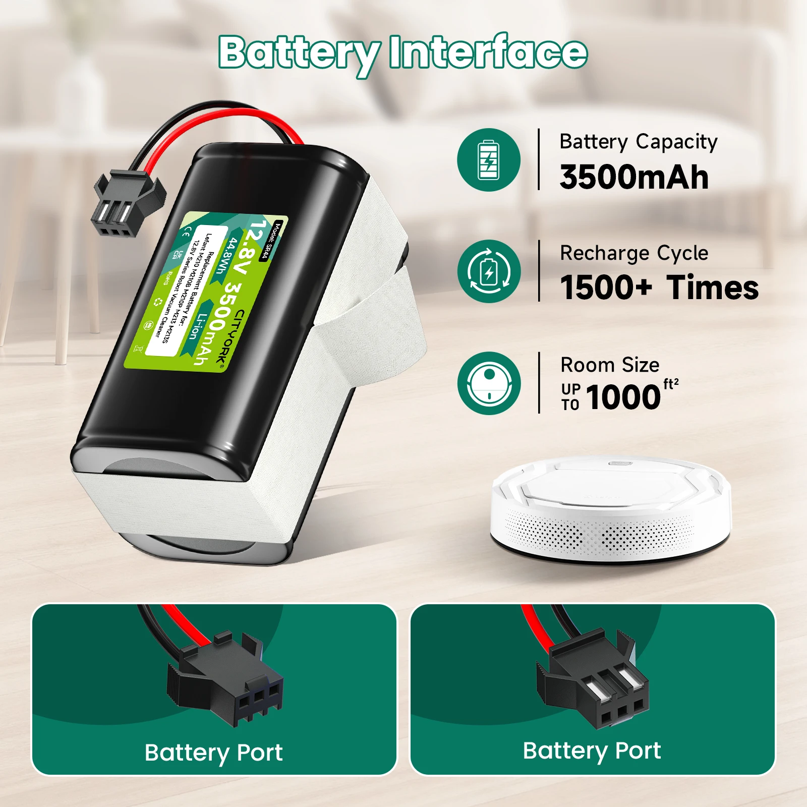 CITYORK 12,8 V 3500 mAh Ersatzakku für Lefant M210 M210B M210P M213 M213S M1 OKP Life K2 K1 Serie Roboterstaubsauger Image
